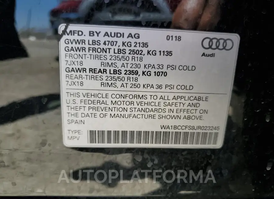 AUDI Q3 PREMIUM 2018 vin WA1BCCFS9JR023245 from auto auction Copart