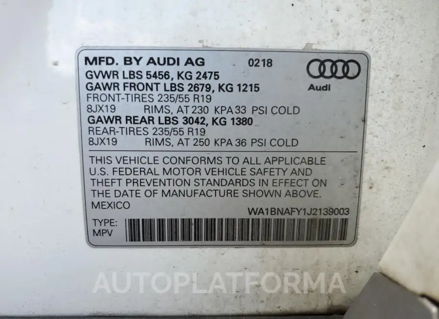 AUDI Q5 PREMIUM 2018 vin WA1BNAFY1J2139003 from auto auction Copart