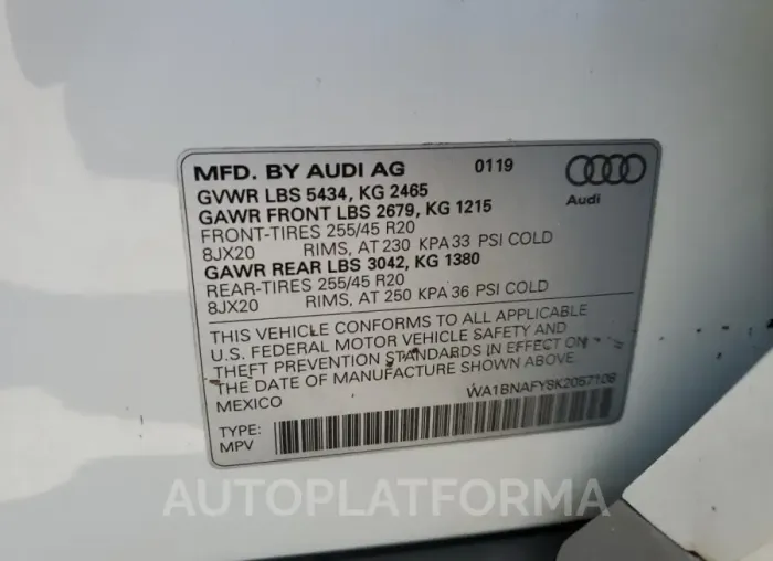 AUDI Q5 PREMIUM 2019 vin WA1BNAFY8K2057108 from auto auction Copart