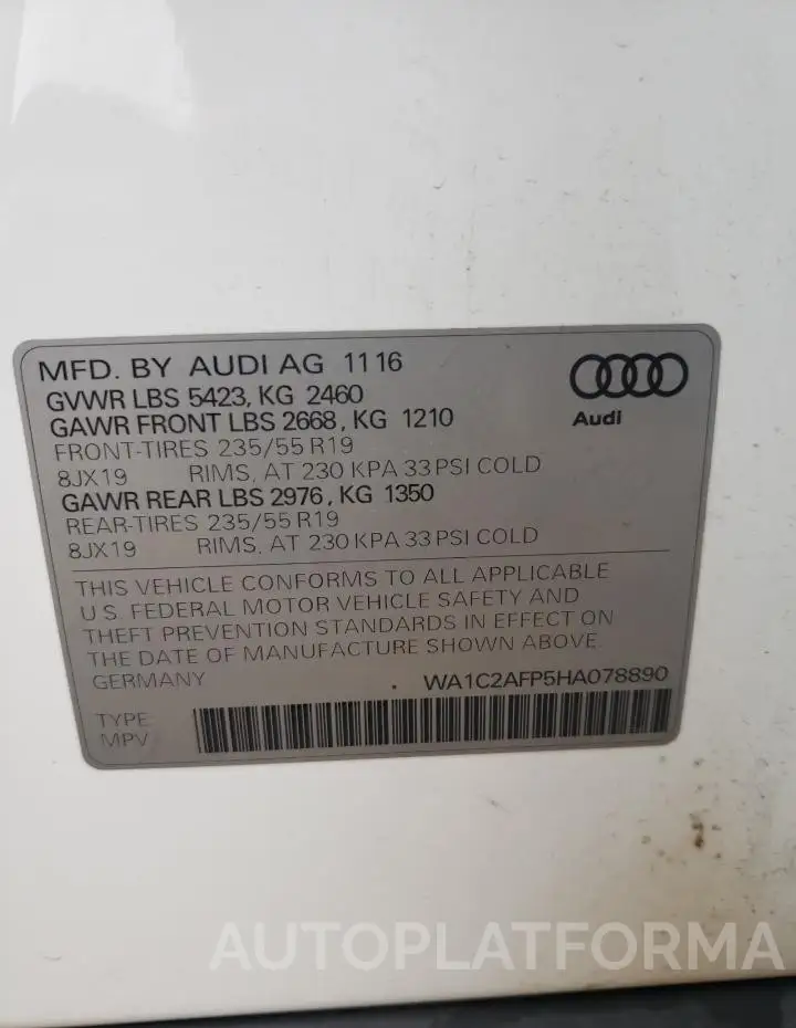 AUDI Q5 PREMIUM 2017 vin WA1C2AFP5HA078890 from auto auction Copart