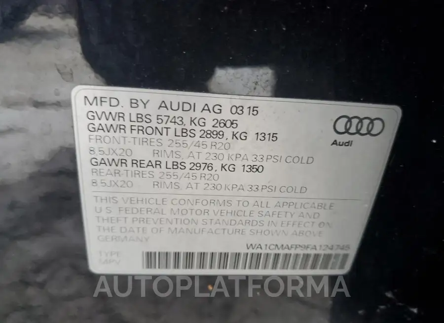 AUDI Q5 TDI PRE 2015 vin WA1CMAFP9FA124745 from auto auction Copart