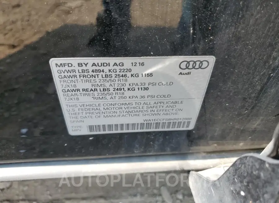 AUDI Q3 PREMIUM 2017 vin WA1ECCFS8HR012888 from auto auction Copart