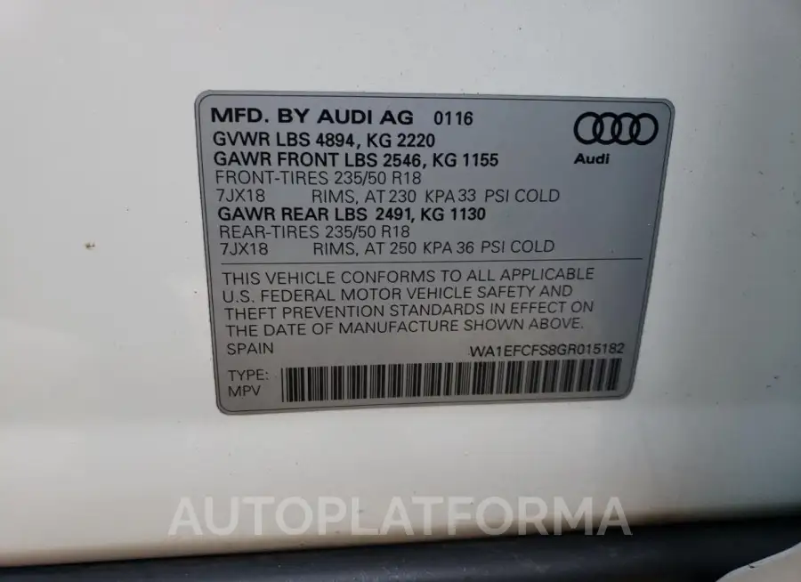 AUDI Q3 PREMIUM 2016 vin WA1EFCFS8GR015182 from auto auction Copart