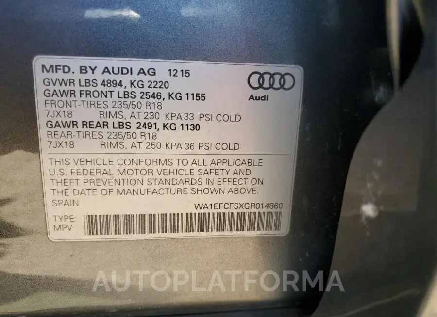 AUDI Q3 PREMIUM 2016 vin WA1EFCFSXGR014860 from auto auction Copart