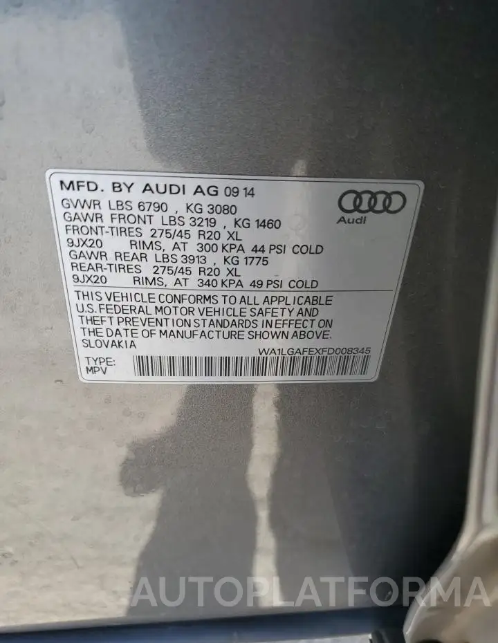 AUDI Q7 PREMIUM 2015 vin WA1LGAFEXFD008345 from auto auction Copart