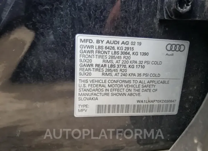 AUDI Q7 PREMIUM 2019 vin WA1LHAF70KD030847 from auto auction Copart