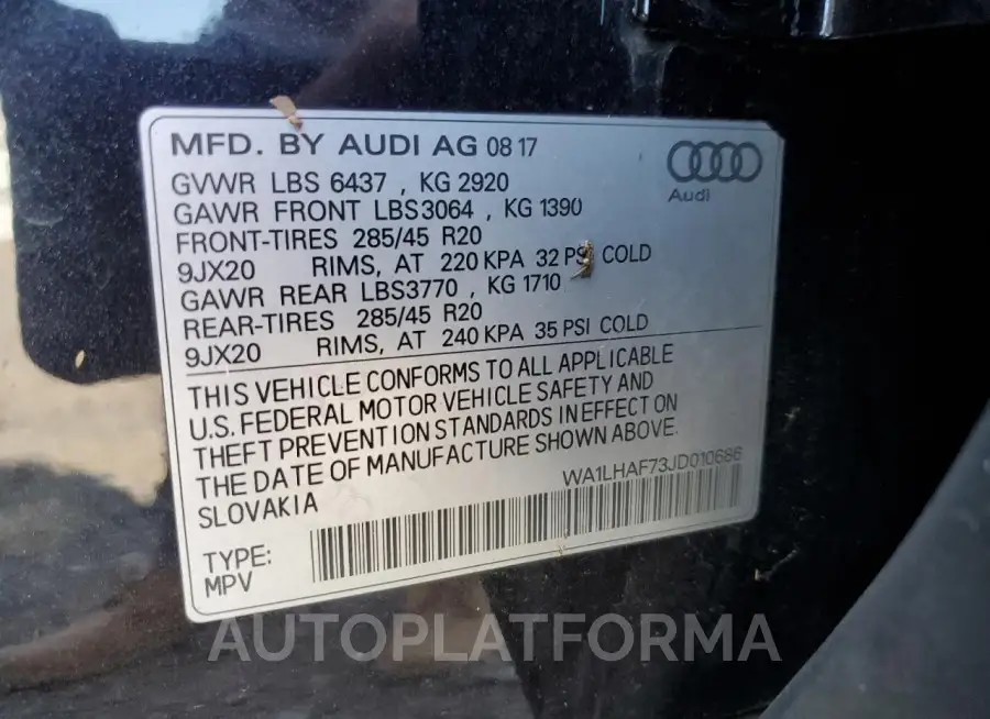 AUDI Q7 PREMIUM 2018 vin WA1LHAF73JD010686 from auto auction Copart