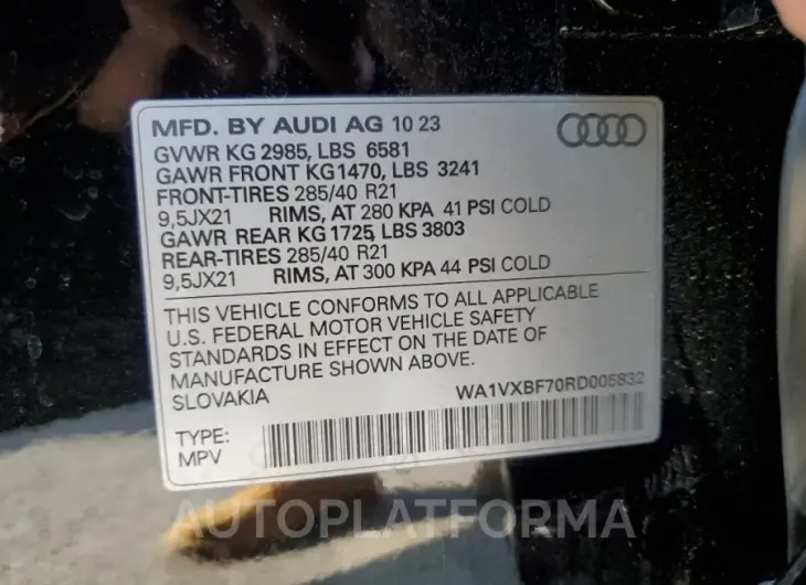 AUDI Q7 PRESTIG 2024 vin WA1VXBF70RD005832 from auto auction Copart