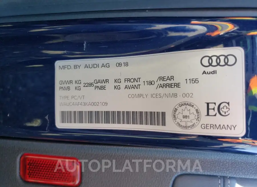 AUDI S4 PRESTIG 2019 vin WAUC4AF43KA002109 from auto auction Copart