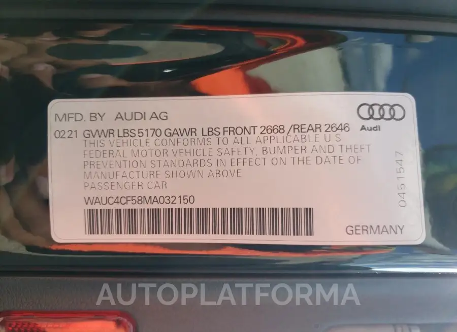 AUDI S5 PREMIUM 2021 vin WAUC4CF58MA032150 from auto auction Copart