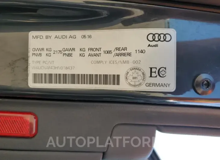 AUDI A4 TECHNIK 2017 vin WAUCNAF43HN018437 from auto auction Copart