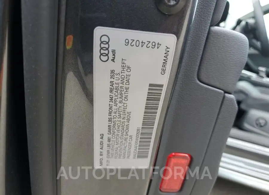 AUDI A4 PREMIUM 2022 vin WAUDAAF4XNN005051 from auto auction Copart