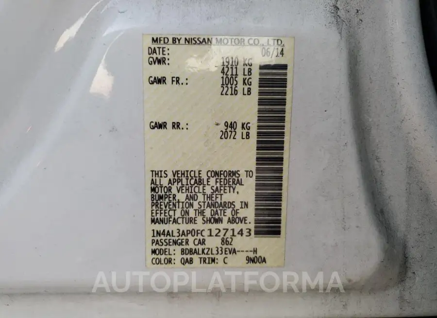 NISSAN ALTIMA 2.5 2015 vin 1N4AL3AP0FC127143 from auto auction Copart