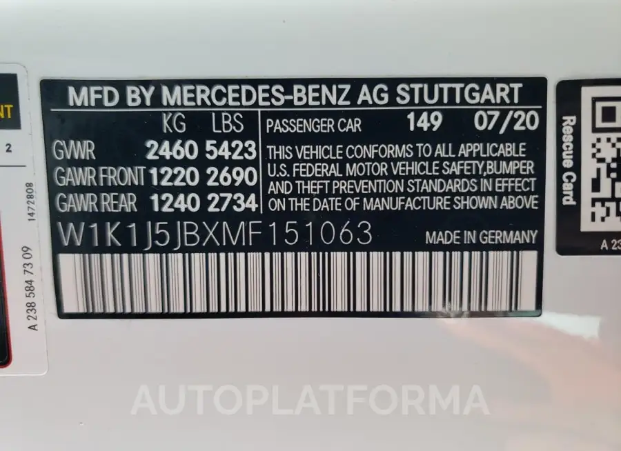 MERCEDES-BENZ E 450 2021 vin W1K1J5JBXMF151063 from auto auction Copart