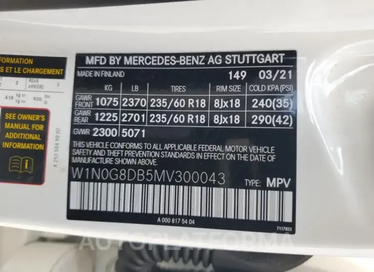 MERCEDES-BENZ GLC 300 2021 vin W1N0G8DB5MV300043 from auto auction Copart