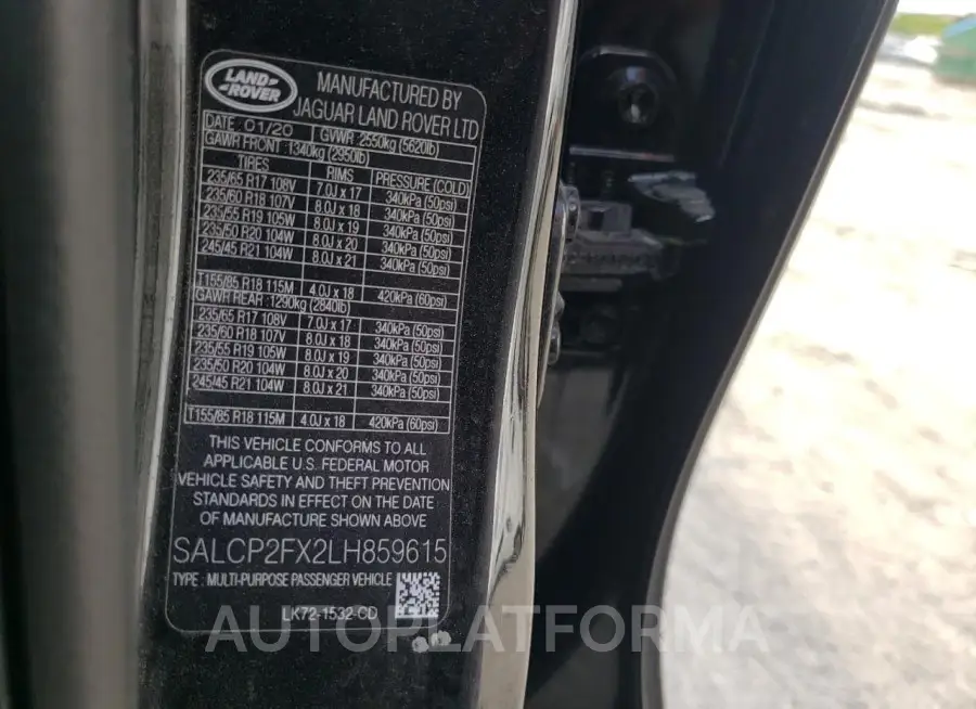 LAND ROVER DISCOVERY 2020 vin SALCP2FX2LH859615 from auto auction Copart