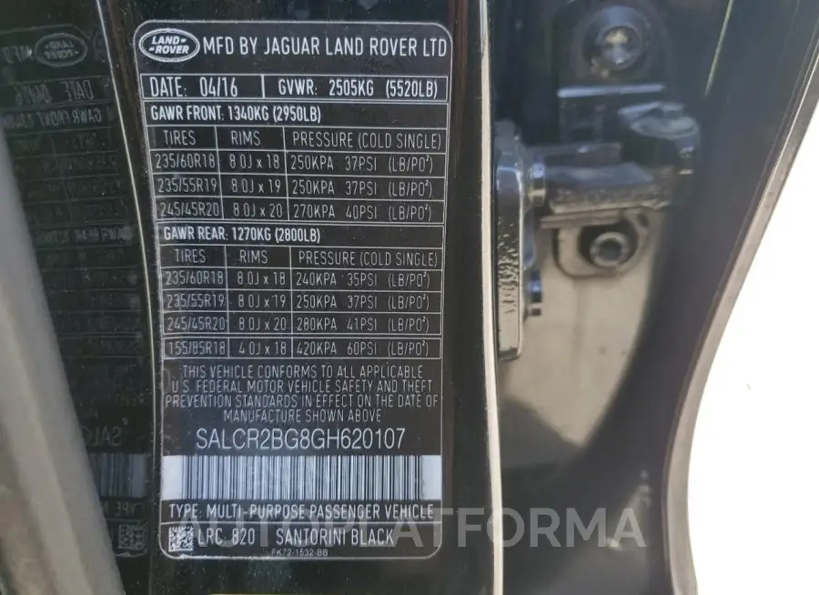 LAND ROVER DISCOVERY 2016 vin SALCR2BG8GH620107 from auto auction Copart