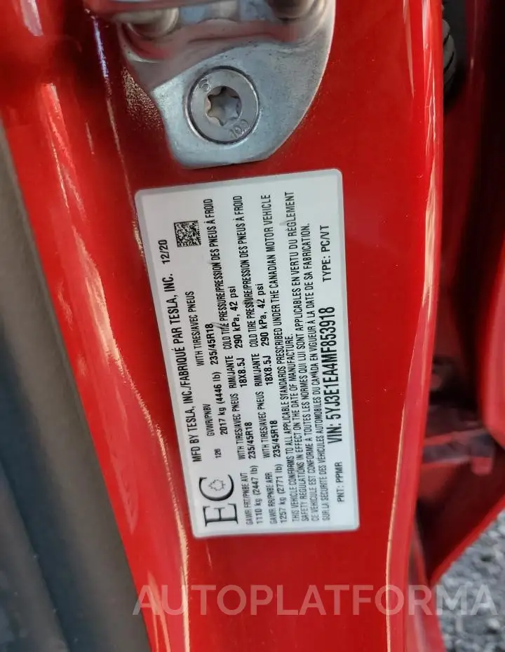 TESLA MODEL 3 2021 vin 5YJ3E1EA4MF853918 from auto auction Copart