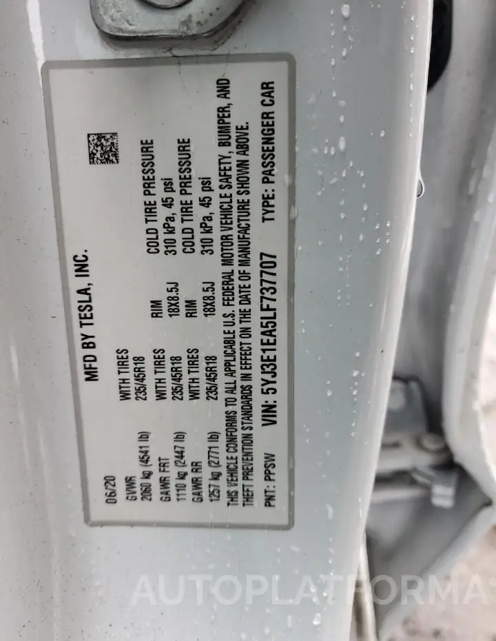 TESLA MODEL 3 2020 vin 5YJ3E1EA5LF737707 from auto auction Copart