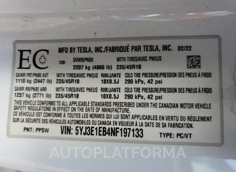 TESLA MODEL 3 2022 vin 5YJ3E1EB4NF197133 from auto auction Copart