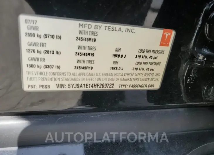 TESLA MODEL S 2017 vin 5YJSA1E14HF209722 from auto auction Copart