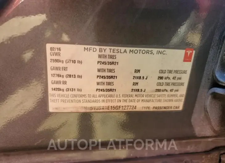 TESLA MODEL S 2016 vin 5YJSA1E15GF127724 from auto auction Copart