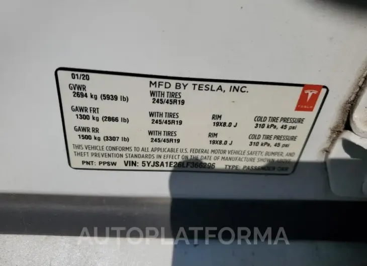 TESLA MODEL S 2020 vin 5YJSA1E26LF366296 from auto auction Copart