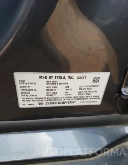 TESLA MODEL S 2021 vin 5YJSA1E57MF443561 from auto auction Copart