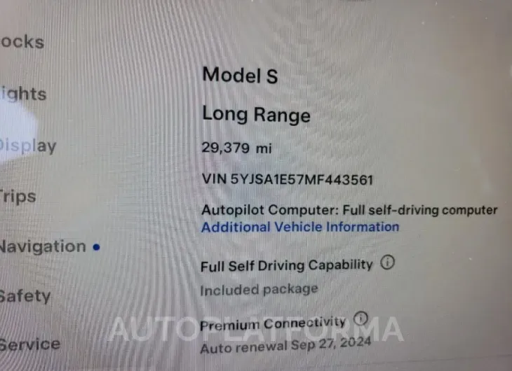 TESLA MODEL S 2021 vin 5YJSA1E57MF443561 from auto auction Copart