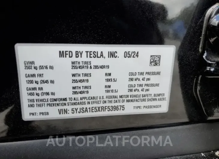 TESLA MODEL S 2024 vin 5YJSA1E5XRF539675 from auto auction Copart