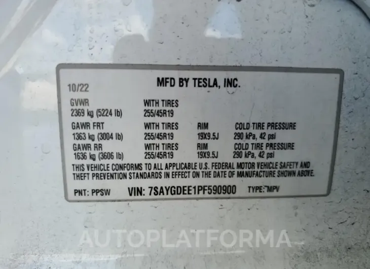 TESLA MODEL Y 2023 vin 7SAYGDEE1PF590900 from auto auction Copart