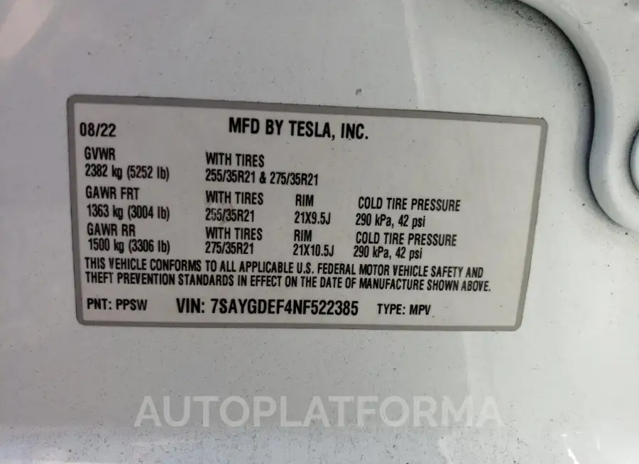 TESLA MODEL Y 2022 vin 7SAYGDEF4NF522385 from auto auction Copart