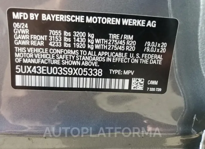 BMW X5 XDRIVE5 2025 vin 5UX43EU03S9X05338 from auto auction Copart