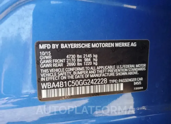 BMW 435 I GRAN 2016 vin WBA4B1C50GG242228 from auto auction Copart