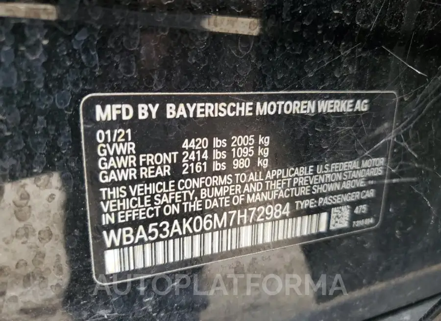 BMW 228I 2021 vin WBA53AK06M7H72984 from auto auction Copart