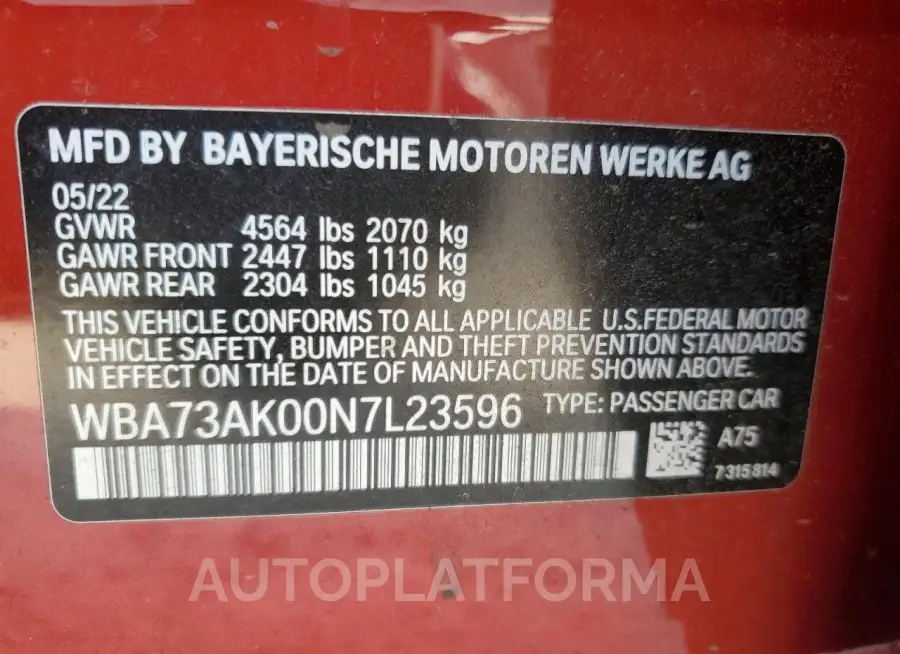 BMW 228XI 2022 vin WBA73AK00N7L23596 from auto auction Copart