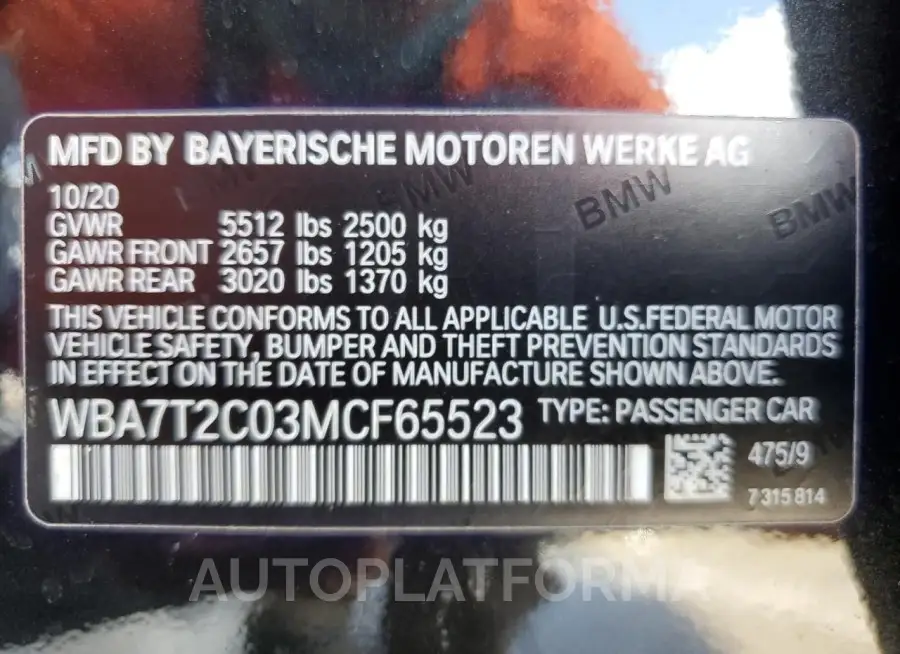 BMW 740 I 2021 vin WBA7T2C03MCF65523 from auto auction Copart