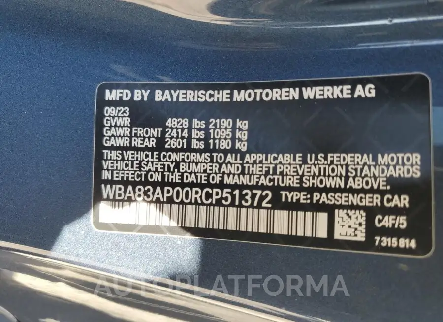 BMW M440I 2024 vin WBA83AP00RCP51372 from auto auction Copart