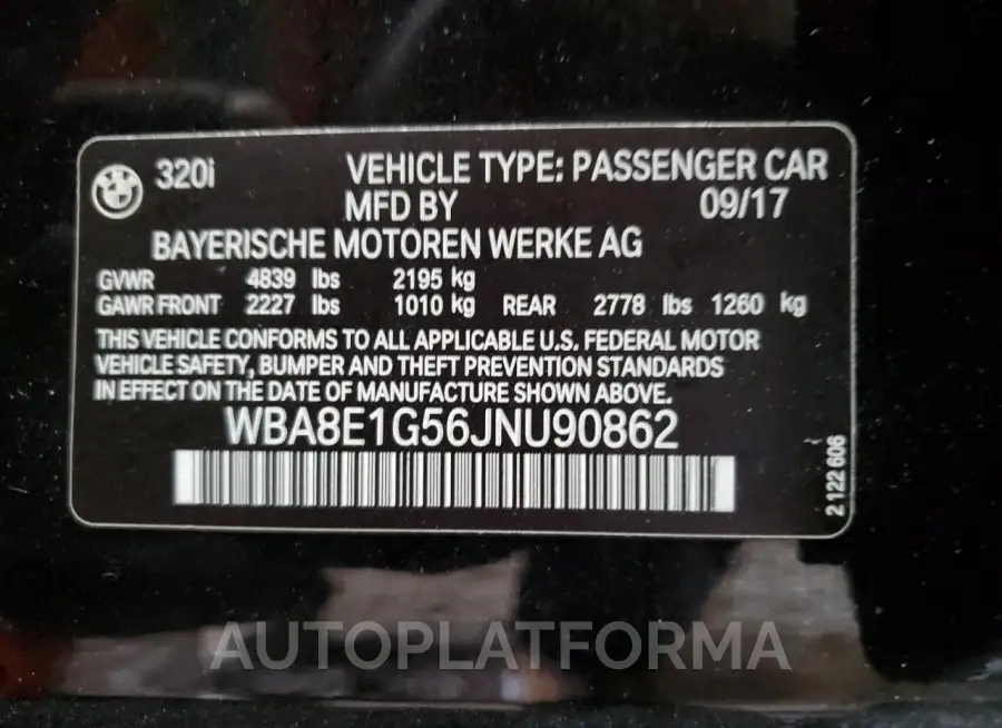 BMW 320 I 2018 vin WBA8E1G56JNU90862 from auto auction Copart