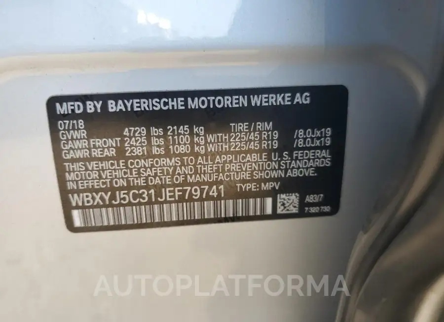 BMW X2 XDRIVE2 2018 vin WBXYJ5C31JEF79741 from auto auction Copart