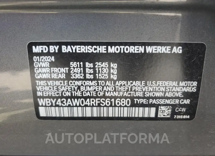 BMW I4 EDRIVE 2024 vin WBY43AW04RFS61680 from auto auction Copart