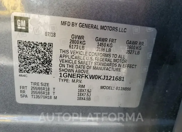 CHEVROLET TRAVERSE L 2019 vin 1GNERFKW0KJ121681 from auto auction Copart