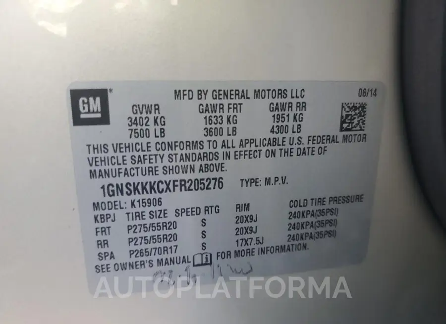 CHEVROLET SUBURBAN K 2015 vin 1GNSKKKCXFR205276 from auto auction Copart