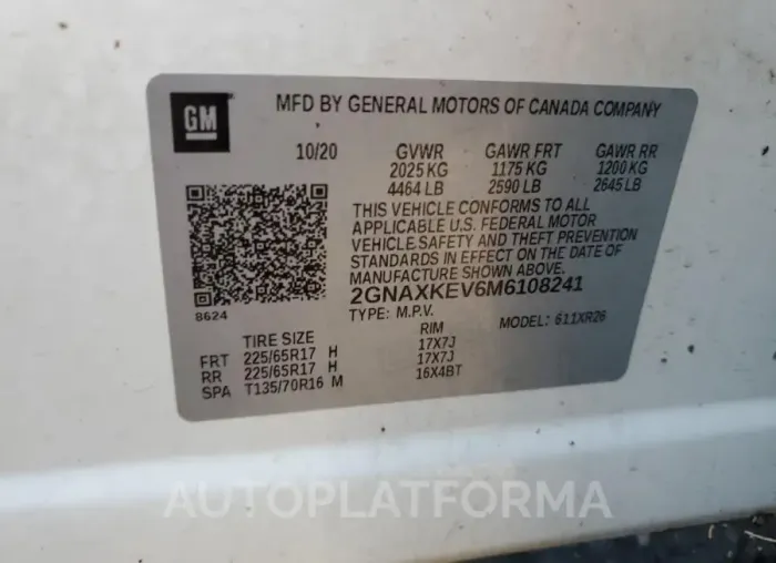 CHEVROLET EQUINOX LT 2021 vin 2GNAXKEV6M6108241 from auto auction Copart