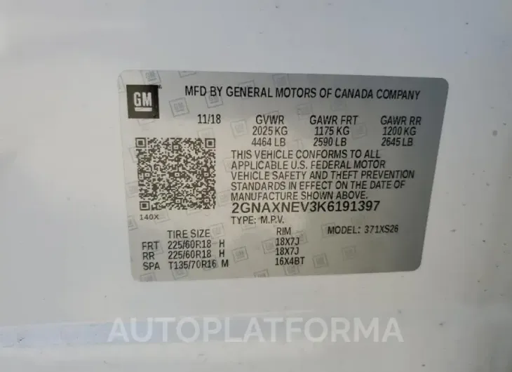 CHEVROLET EQUINOX PR 2019 vin 2GNAXNEV3K6191397 from auto auction Copart