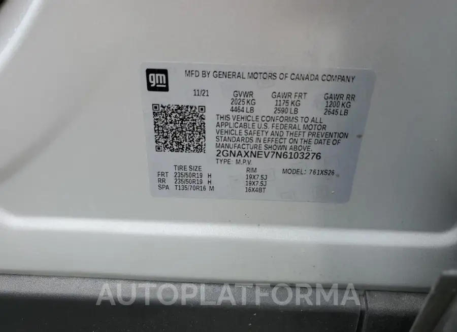 CHEVROLET EQUINOX PR 2022 vin 2GNAXNEV7N6103276 from auto auction Copart