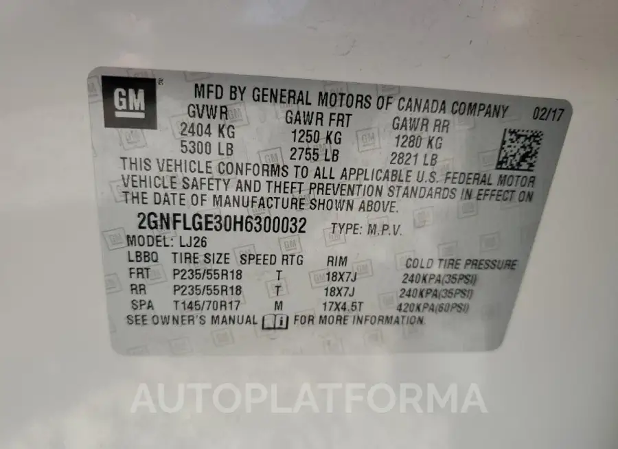 CHEVROLET EQUINOX PR 2017 vin 2GNFLGE30H6300032 from auto auction Copart