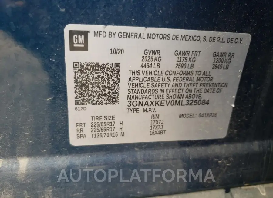 CHEVROLET EQUINOX LT 2021 vin 3GNAXKEV0ML325084 from auto auction Copart