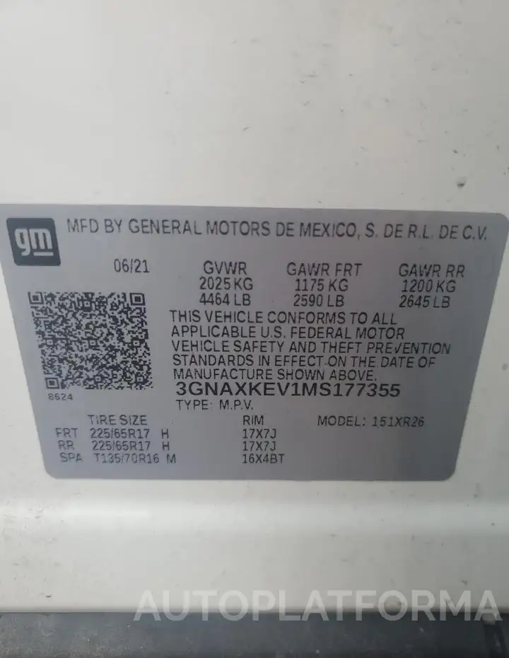 CHEVROLET EQUINOX LT 2021 vin 3GNAXKEV1MS177355 from auto auction Copart