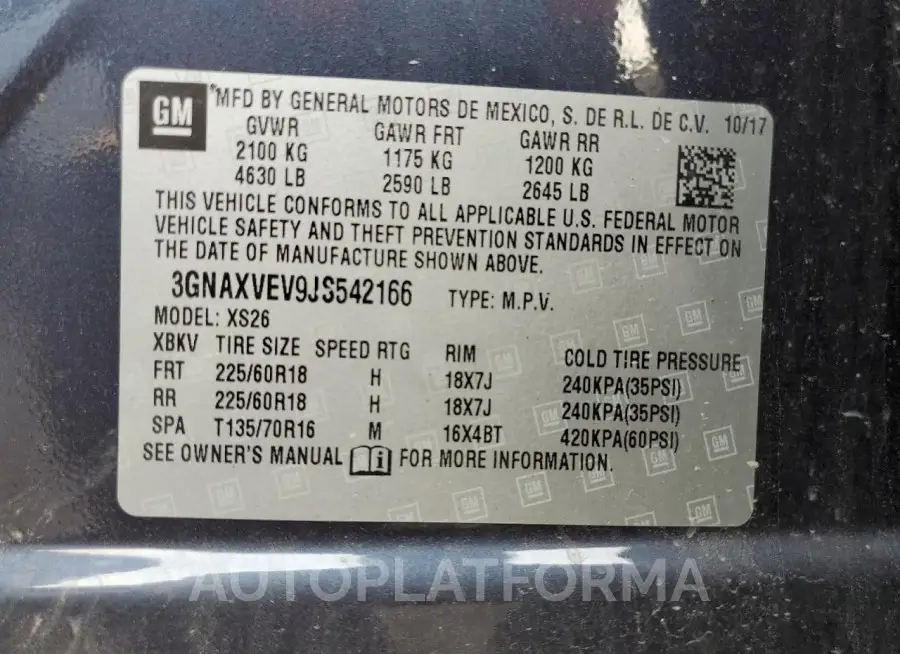 CHEVROLET EQUINOX PR 2018 vin 3GNAXVEV9JS542166 from auto auction Copart